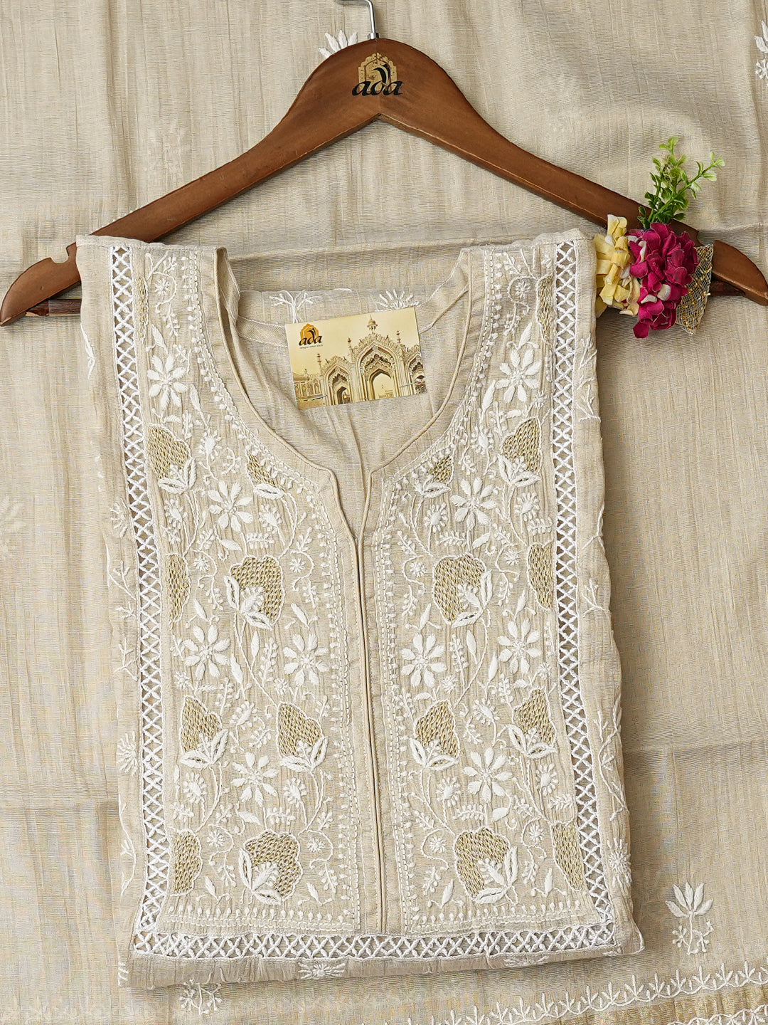 Ada Hand Embroidered Fawn Tissue Lucknowi Chikankari Semi Stitched A-Line Kurta Dupatta Set with Cutdana Work 07A502395