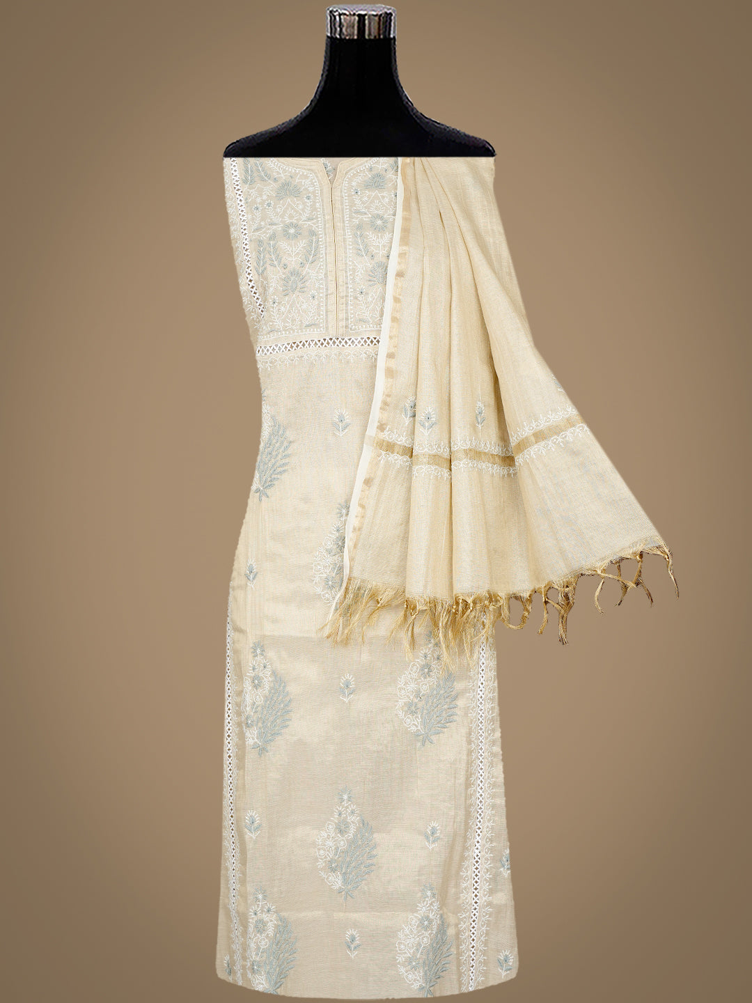 Ada Hand Embroidered Fawn Tissue Lucknowi Chikankari Semi Unstitched Kurta Dupatta Set 07A502392