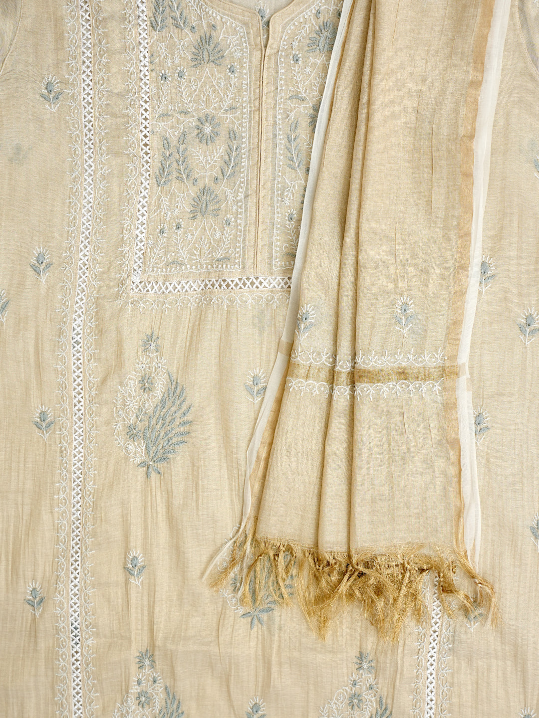Ada Hand Embroidered Fawn Tissue Lucknowi Chikankari Semi Unstitched Kurta Dupatta Set 07A502392