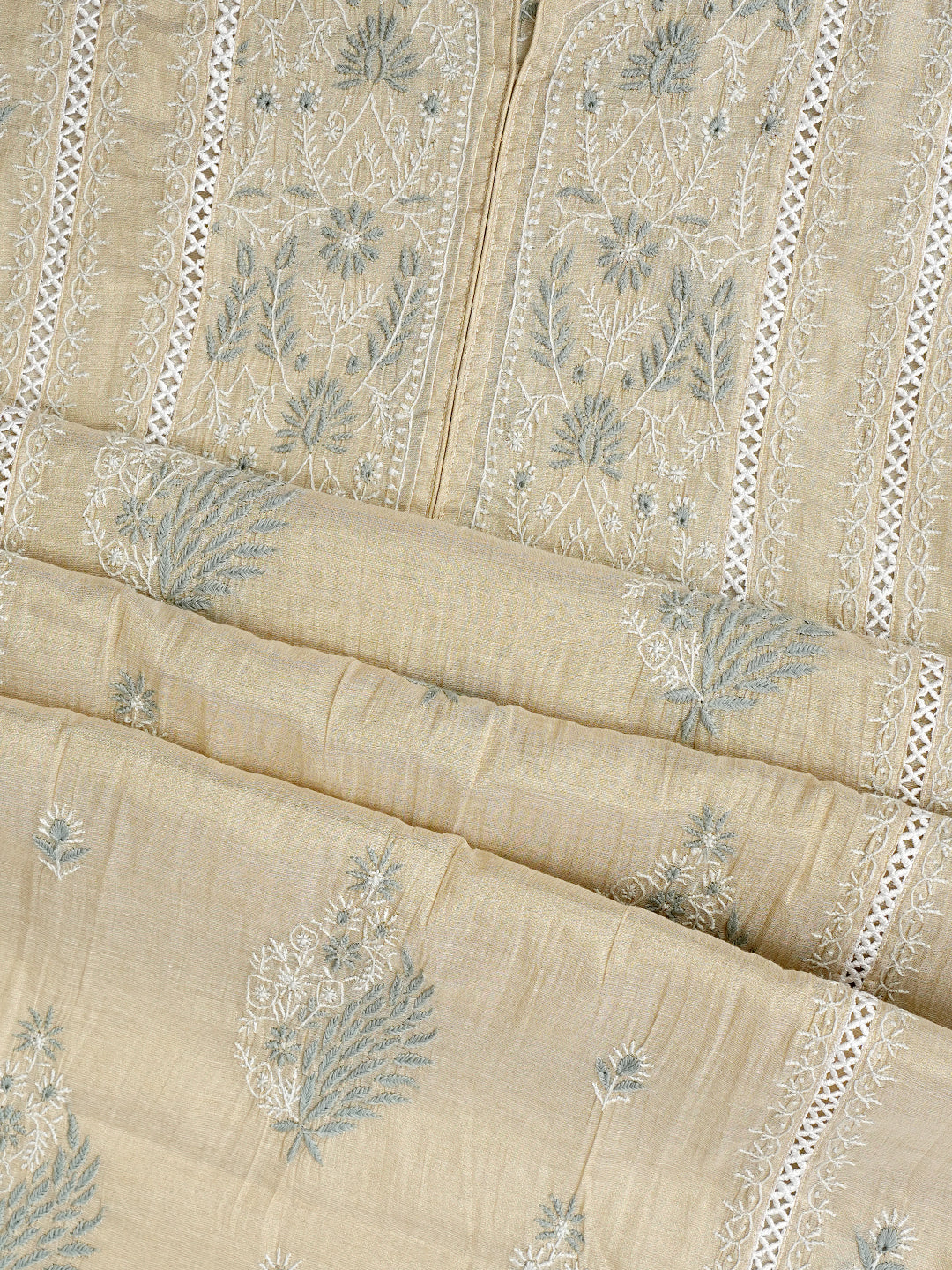 Ada Hand Embroidered Fawn Tissue Lucknowi Chikankari Semi Unstitched Kurta Dupatta Set 07A502392