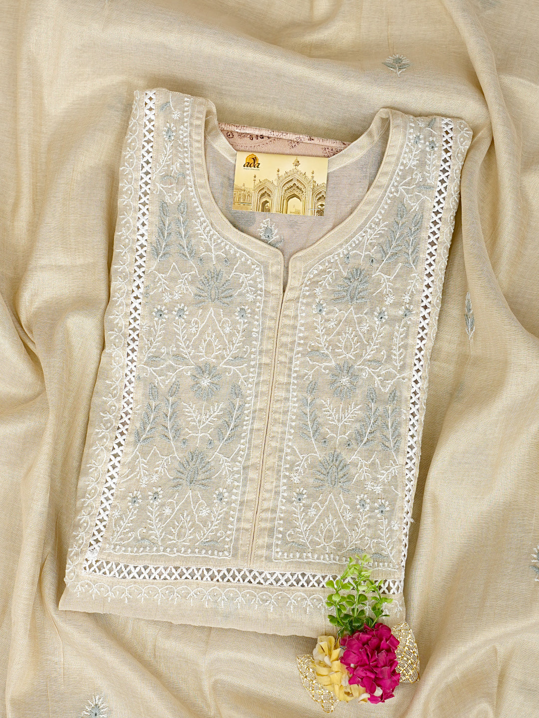 Ada Hand Embroidered Fawn Tissue Lucknowi Chikankari Semi Unstitched Kurta Dupatta Set 07A502392