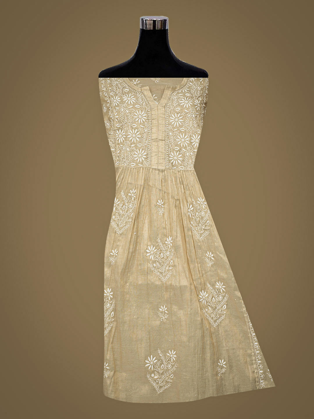 Ada Hand Embroidered Fawn Tissue Lucknowi Chikankari Semi-Stitched Kurta Dupatta Set With Cutdana Work 01A912362