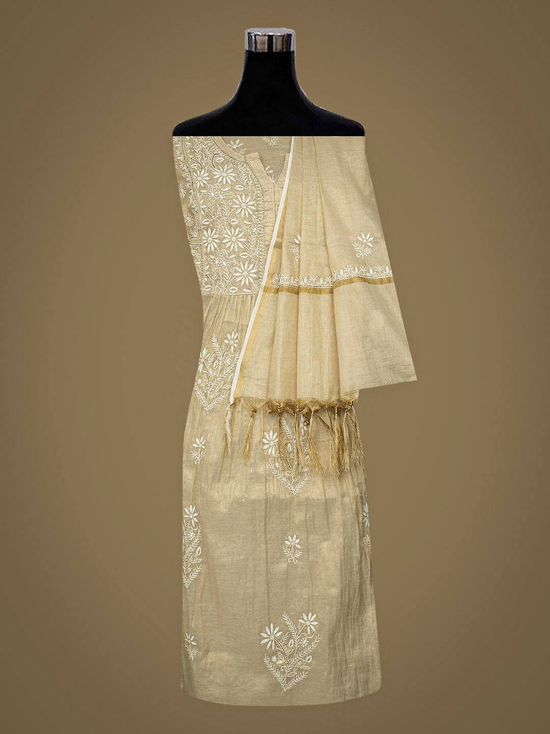 Ada Hand Embroidered Fawn Tissue Lucknowi Chikankari Semi-Stitched Kurta Dupatta Set With Cutdana Work 01A912362