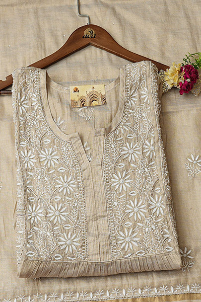 Ada Hand Embroidered Fawn Tissue Lucknowi Chikankari Semi-Stitched Kurta Dupatta Set With Cutdana Work 01A912362