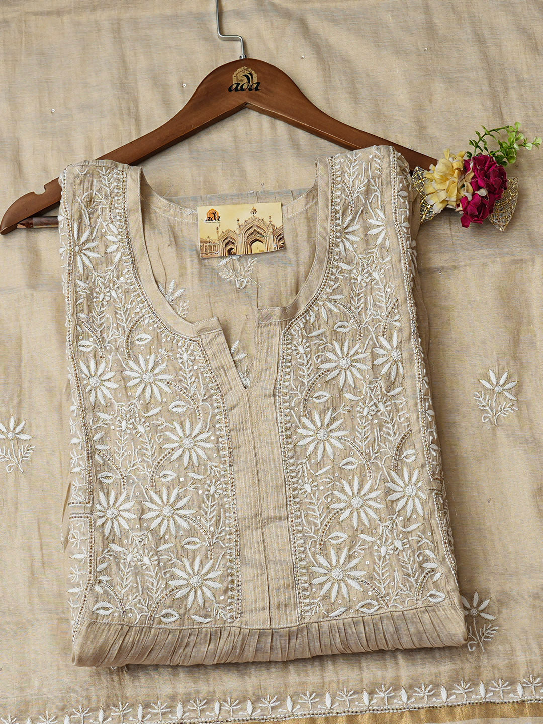 Ada Hand Embroidered Fawn Tissue Lucknowi Chikankari Semi Unstitched Kurta Dupatta Set With Zari Work 01A912362