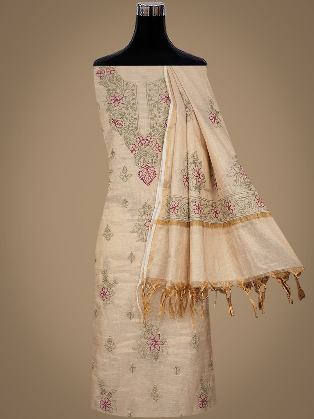 Ada Hand Embroidered Fawn Tissue Lucknowi Chikankari Unstitched Kurta Dupatta Set 01A980090