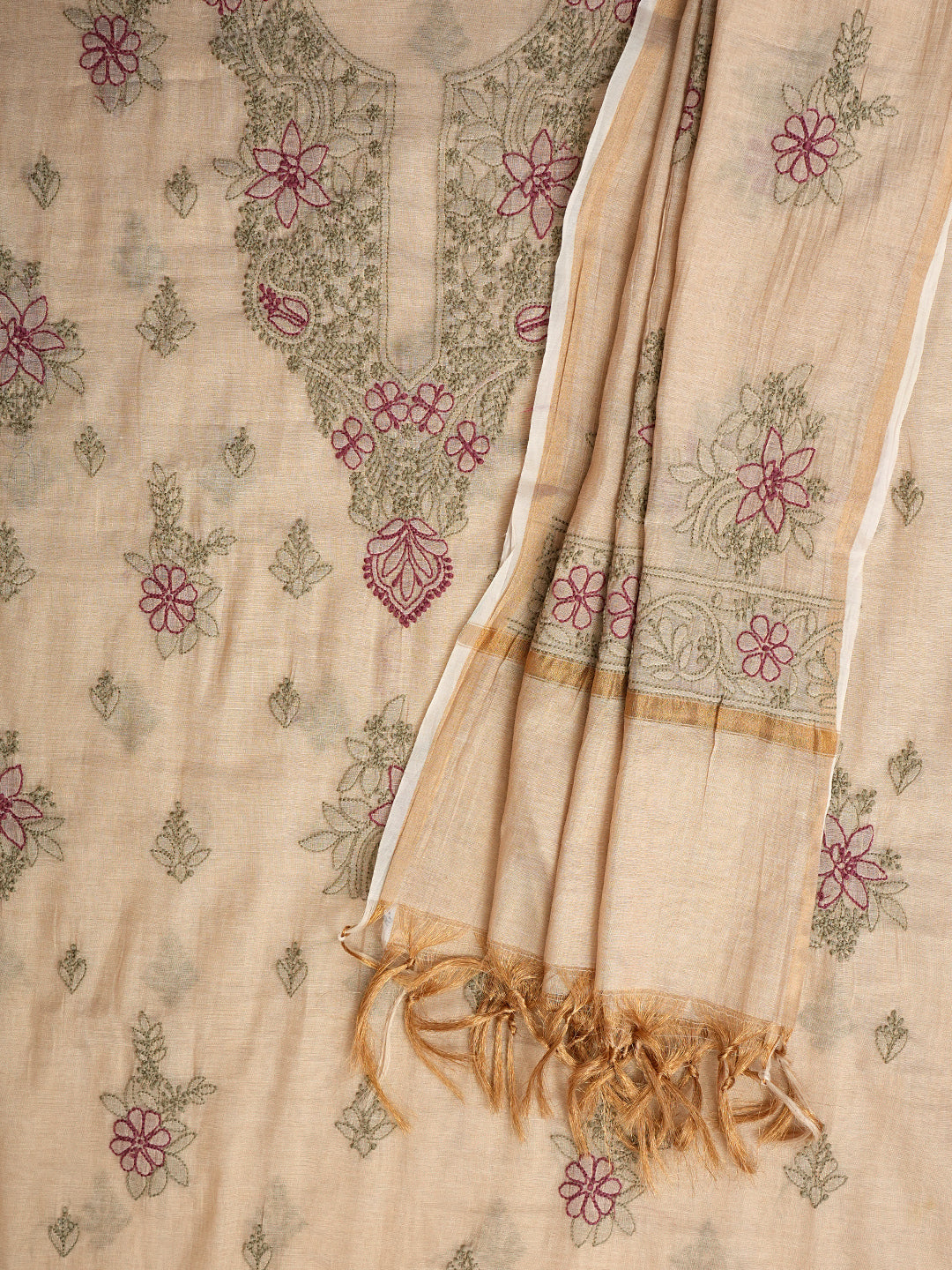 Ada Hand Embroidered Fawn Tissue Lucknowi Chikankari Unstitched Kurta Dupatta Set 01A980090