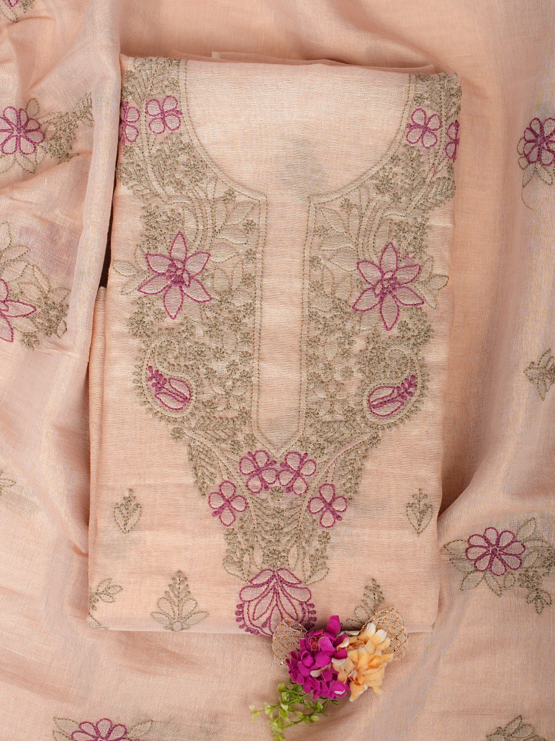 Ada Hand Embroidered Fawn Tissue Lucknowi Chikankari Unstitched Kurta Dupatta Set 01A980090