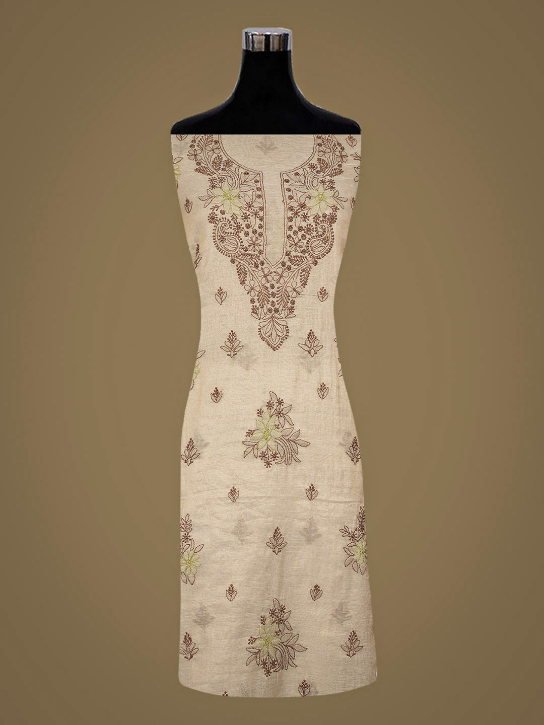 Ada Hand Embroidered Fawn Tissue Lucknowi Chikankari Unstitched Kurta Dupatta Set 01A980092