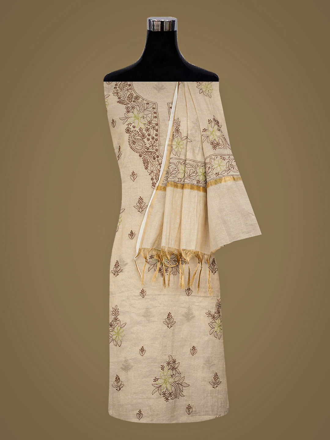 Ada Hand Embroidered Fawn Tissue Lucknowi Chikankari Unstitched Kurta Dupatta Set 01A980092