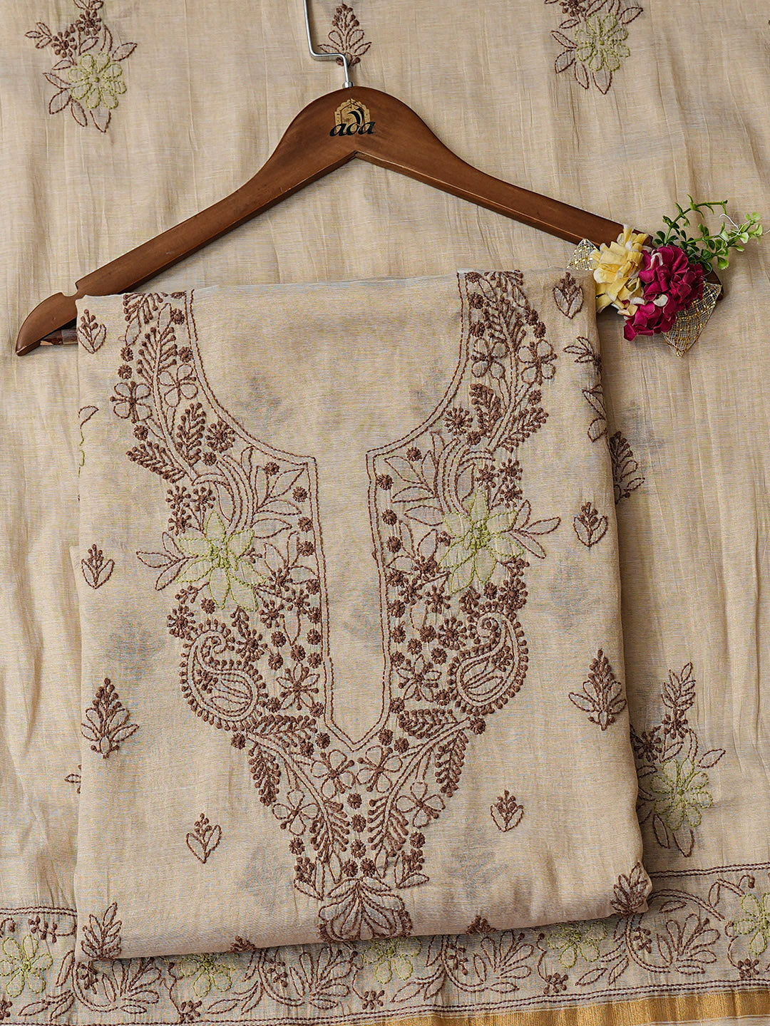 Ada Hand Embroidered Fawn Tissue Lucknowi Chikankari Unstitched Kurta Dupatta Set 01A980092