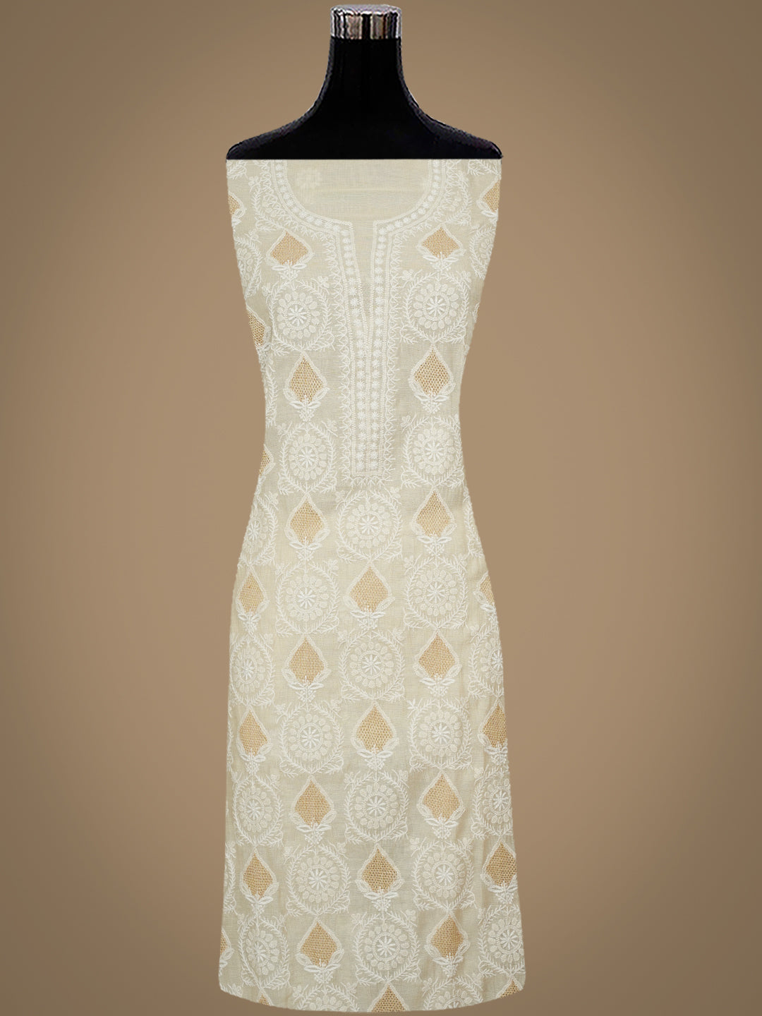 Ada Hand Embroidered Fawn Tissue Lucknowi Chikankari Unstitched Kurta Dupatta Set 01A995932
