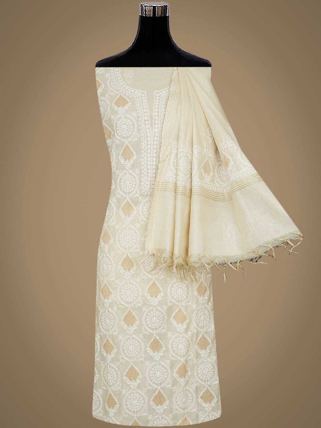 Ada Hand Embroidered Fawn Tissue Lucknowi Chikankari Unstitched Kurta Dupatta Set 01A995932