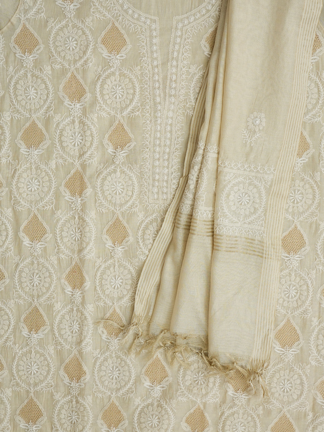 Ada Hand Embroidered Fawn Tissue Lucknowi Chikankari Unstitched Kurta Dupatta Set 01A995932