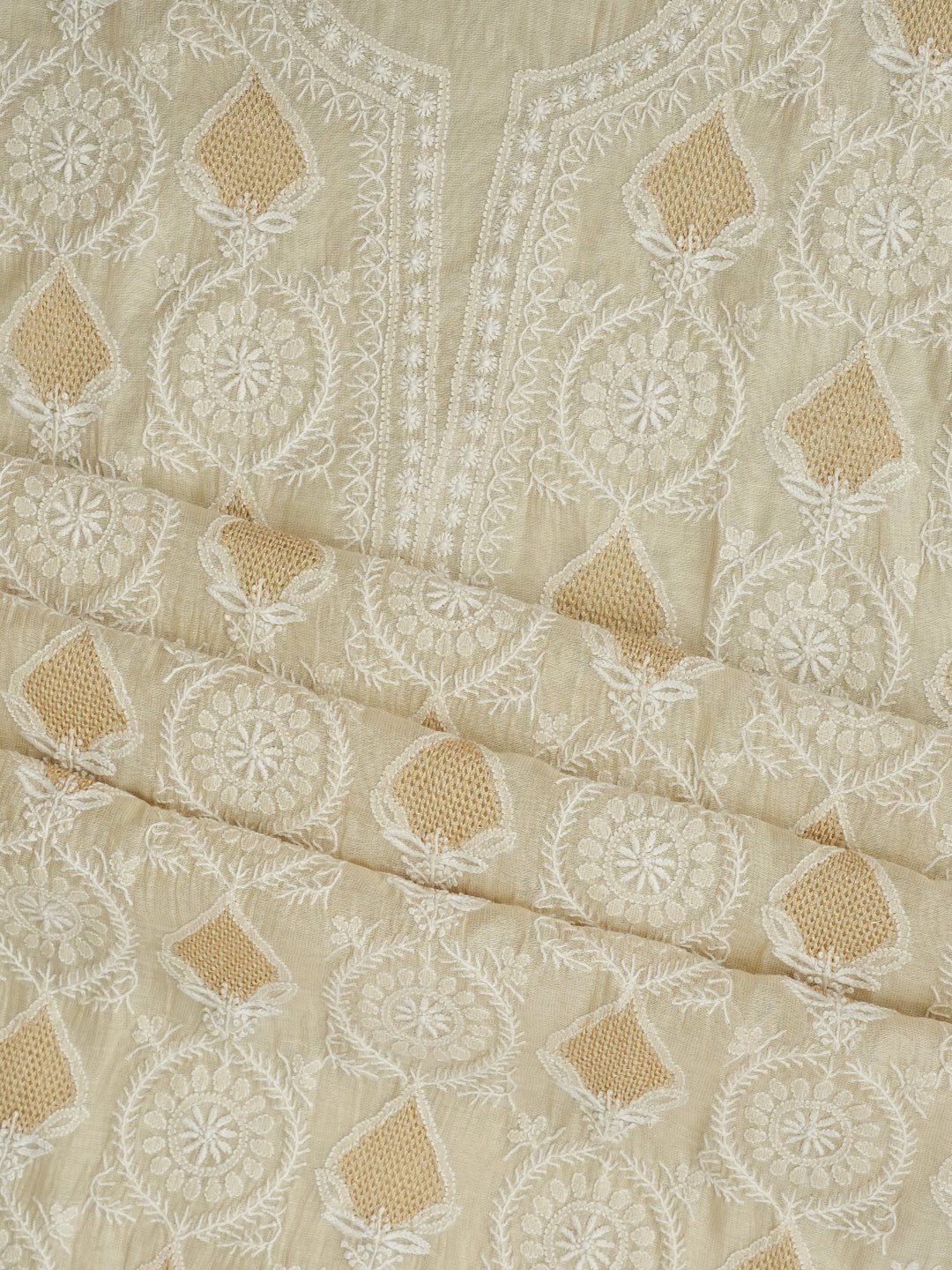 Ada Hand Embroidered Fawn Tissue Lucknowi Chikankari Unstitched Kurta Dupatta Set 01A995932