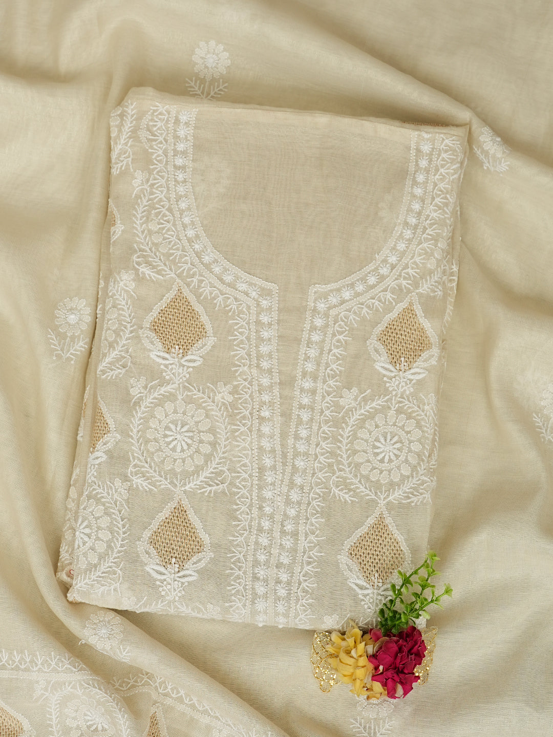 Ada Hand Embroidered Fawn Tissue Lucknowi Chikankari Unstitched Kurta Dupatta Set 01A995932