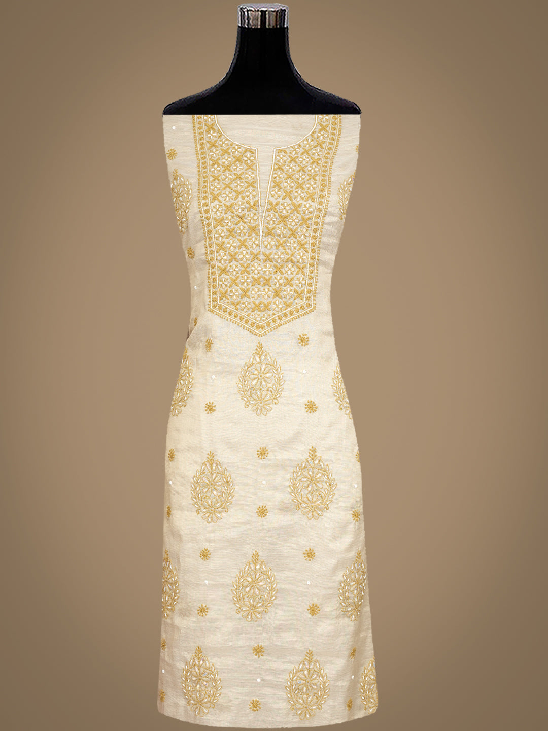 Ada Hand Embroidered Fawn Tissue Lucknowi Chikankari Unstitched Kurta Dupatta Set With Cutdana Work 01A1010723