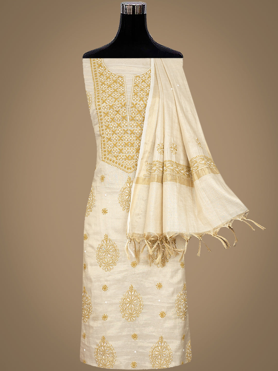 Ada Hand Embroidered Fawn Tissue Lucknowi Chikankari Unstitched Kurta Dupatta Set With Cutdana Work 01A1010723