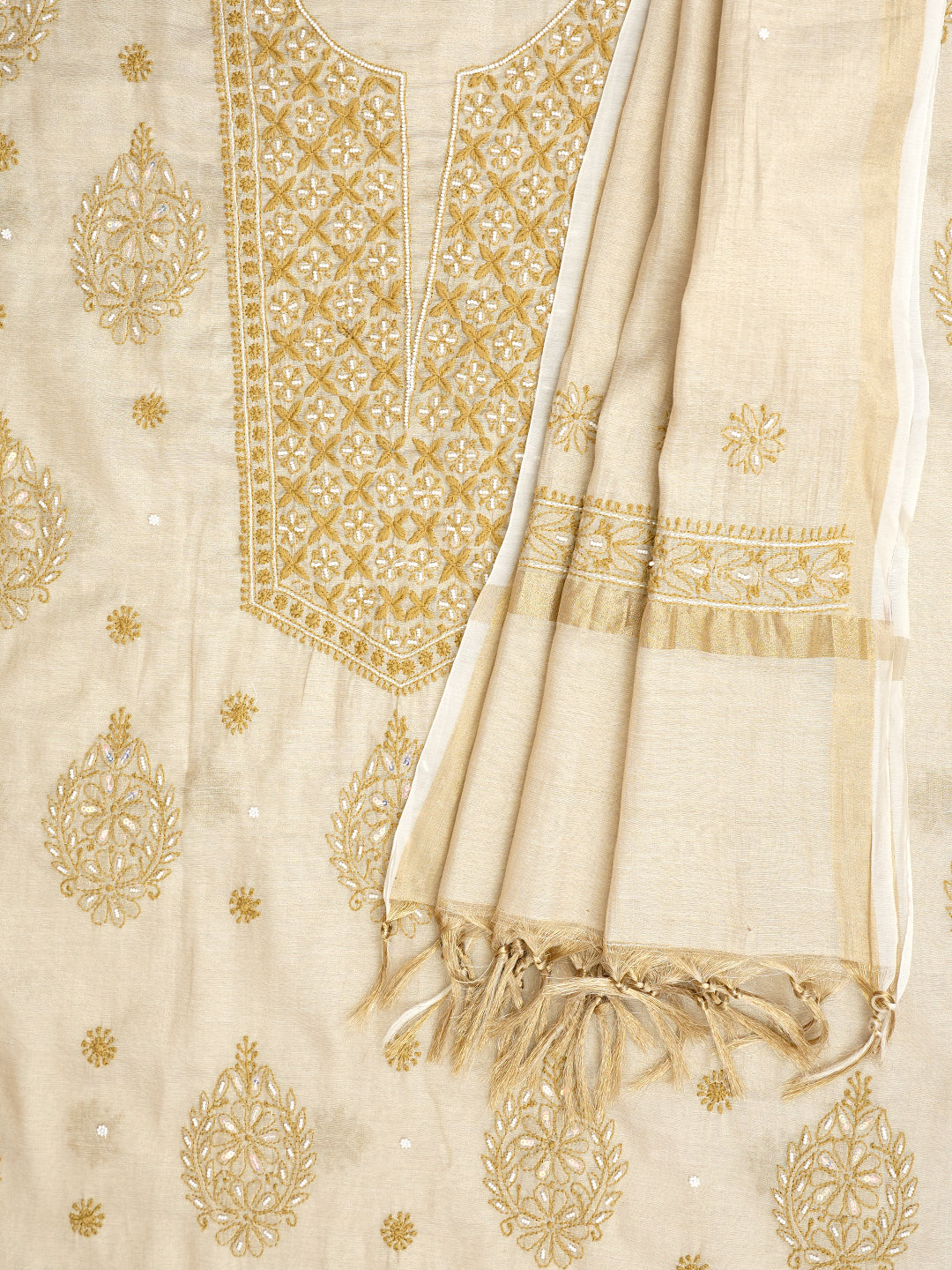 Ada Hand Embroidered Fawn Tissue Lucknowi Chikankari Unstitched Kurta Dupatta Set With Cutdana Work 01A1010723