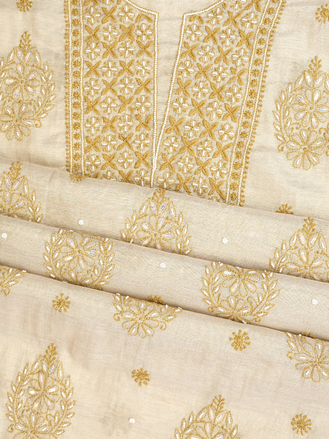 Ada Hand Embroidered Fawn Tissue Lucknowi Chikankari Unstitched Kurta Dupatta Set With Cutdana Work 01A1010723