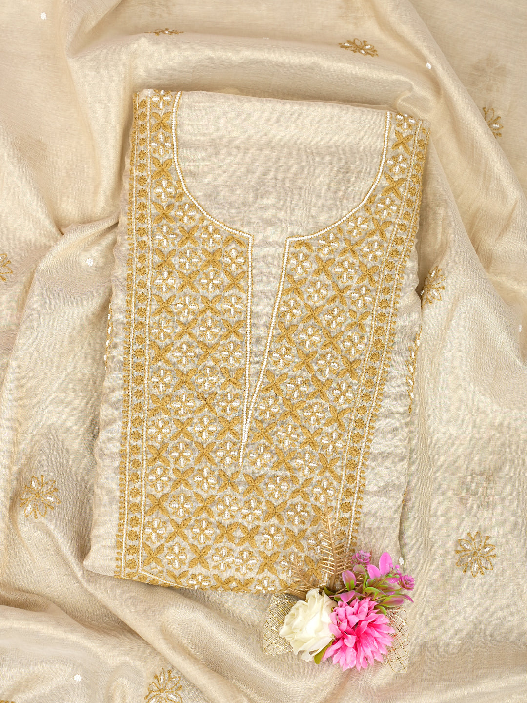Ada Hand Embroidered Fawn Tissue Lucknowi Chikankari Unstitched Kurta Dupatta Set With Cutdana Work 01A1010723