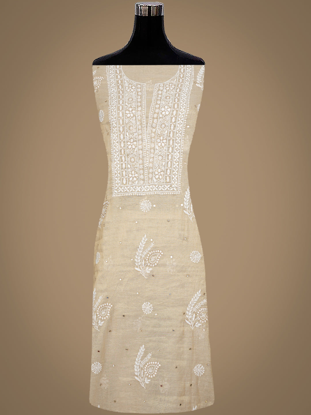 Ada Hand Embroidered Fawn Tissue Lucknowi Chikankari Unstitched Kurta Dupatta Set With Cutdana Work 01A985648