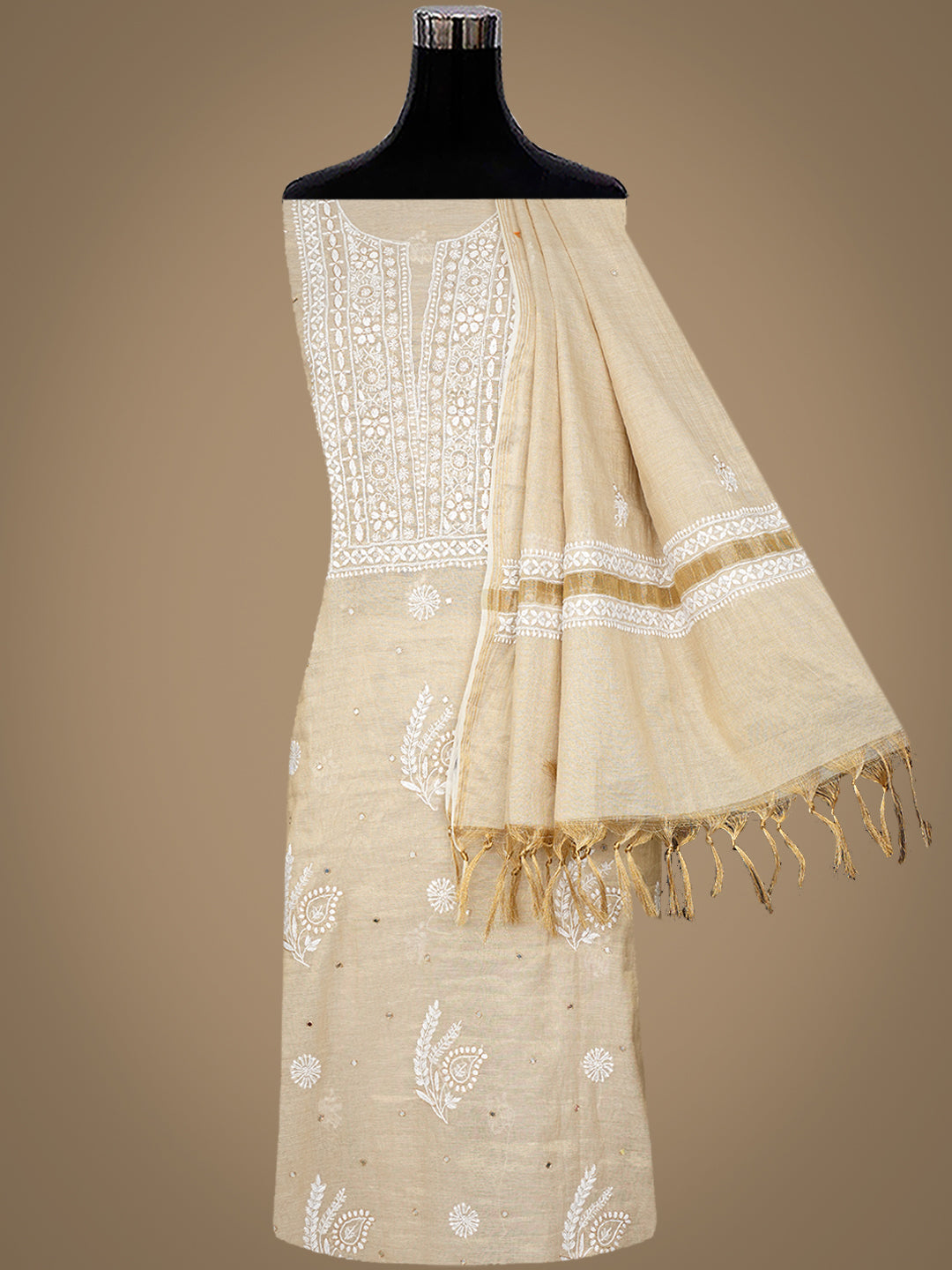 Ada Hand Embroidered Fawn Tissue Lucknowi Chikankari Unstitched Kurta Dupatta Set With Cutdana Work 01A985648