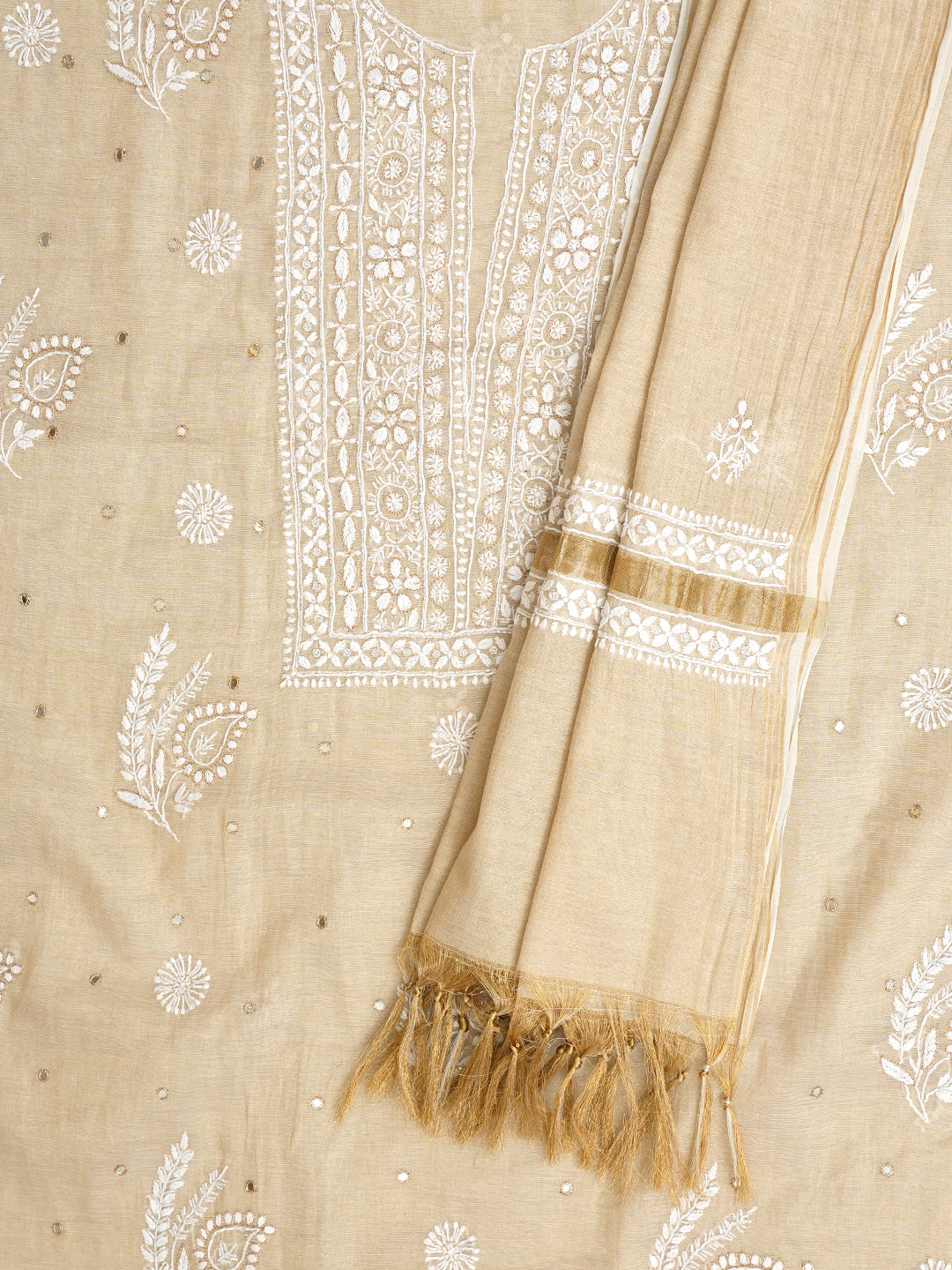 Ada Hand Embroidered Fawn Tissue Lucknowi Chikankari Unstitched Kurta Dupatta Set With Cutdana Work 01A985648