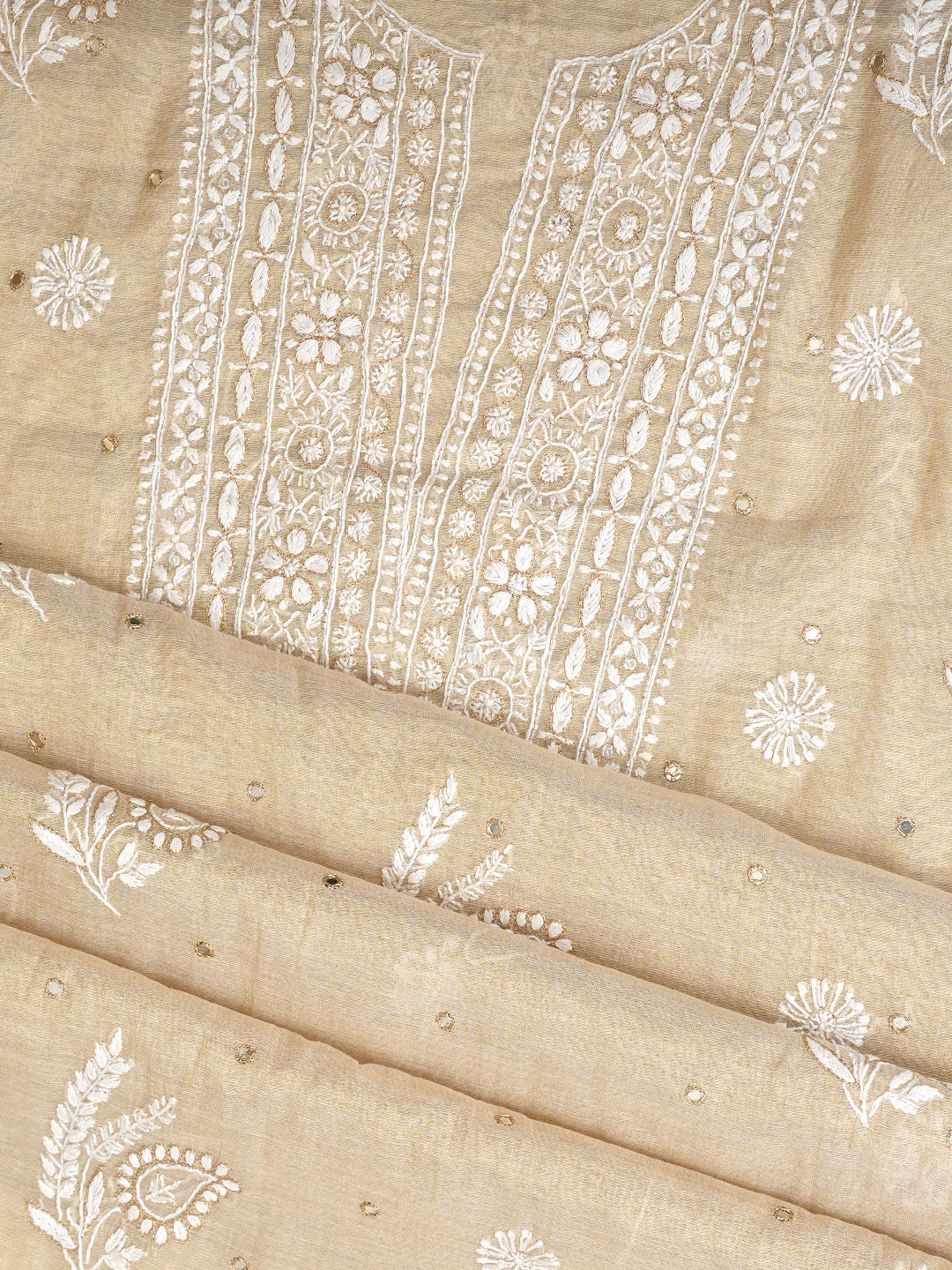 Ada Hand Embroidered Fawn Tissue Lucknowi Chikankari Unstitched Kurta Dupatta Set With Cutdana Work 01A985648