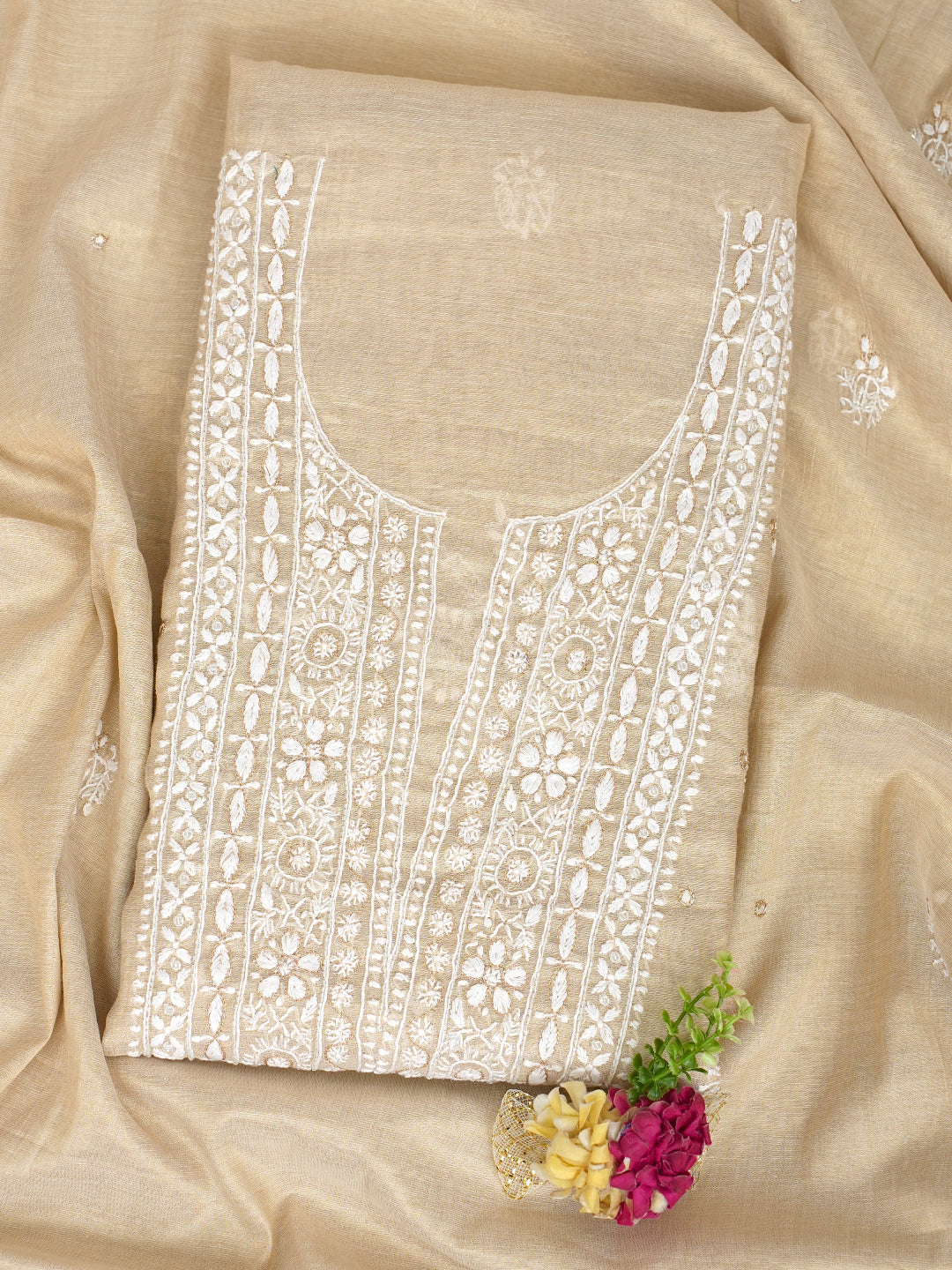 Ada Hand Embroidered Fawn Tissue Lucknowi Chikankari Unstitched Kurta Dupatta Set With Cutdana Work 01A985648