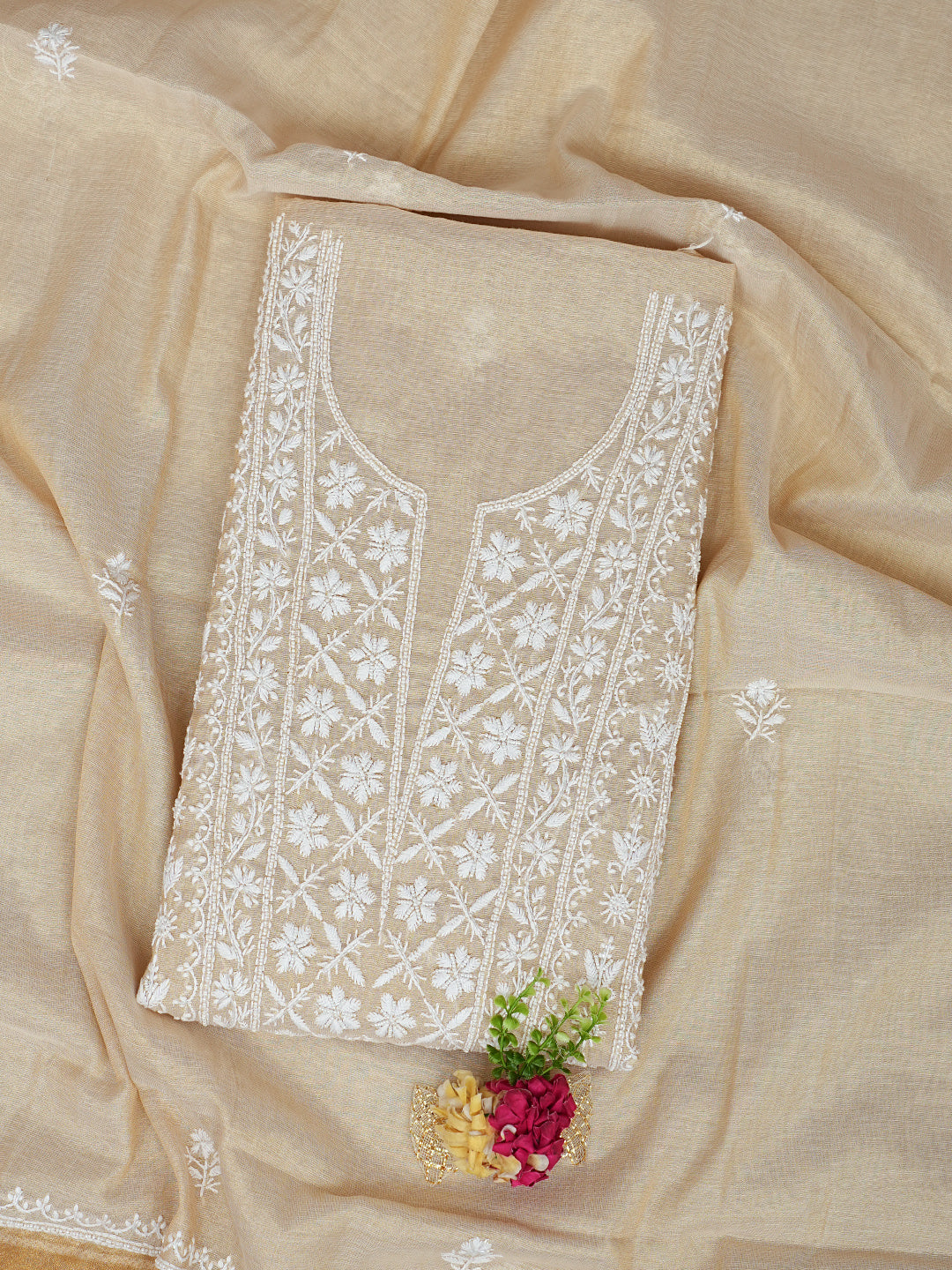 Ada Hand Embroidered Fawn Tissue Lucknowi Chikankari Unstitched Kurta Dupatta Set With Pearl Work 01A987136