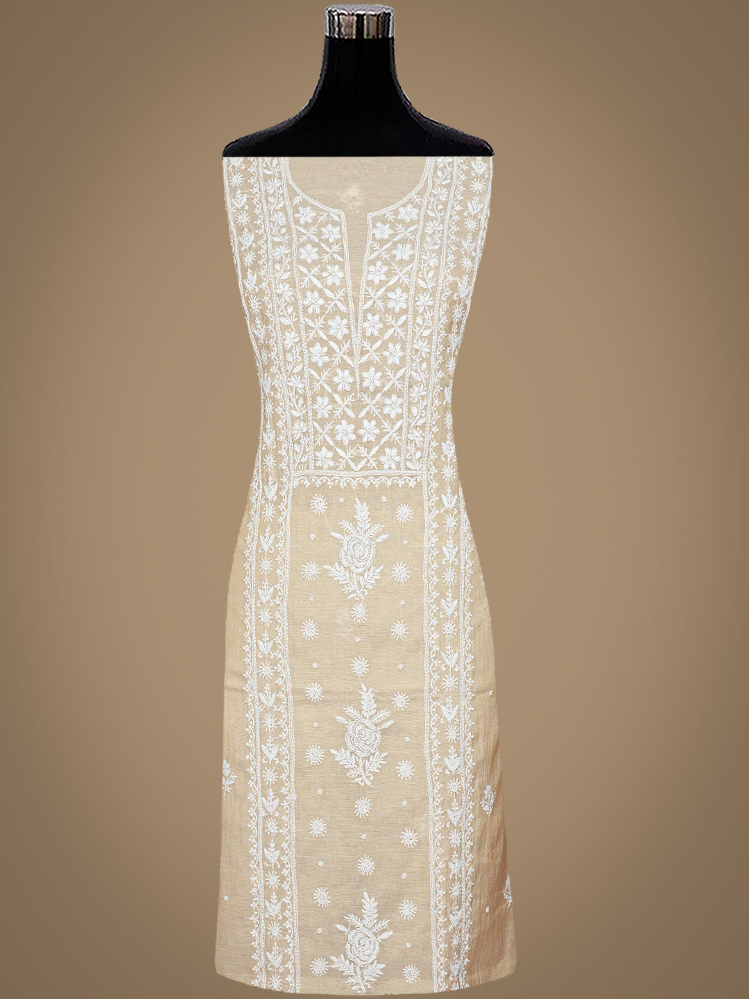 Ada Hand Embroidered Fawn Tissue Lucknowi Chikankari Unstitched Kurta Dupatta Set With Pearl Work 01A987136