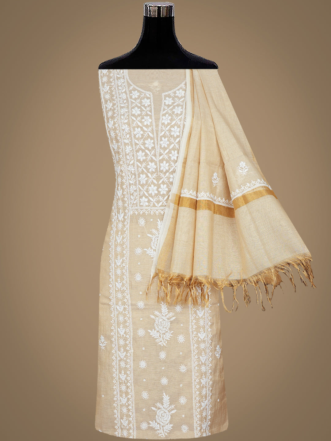 Ada Hand Embroidered Fawn Tissue Lucknowi Chikankari Unstitched Kurta Dupatta Set With Pearl Work 01A987136