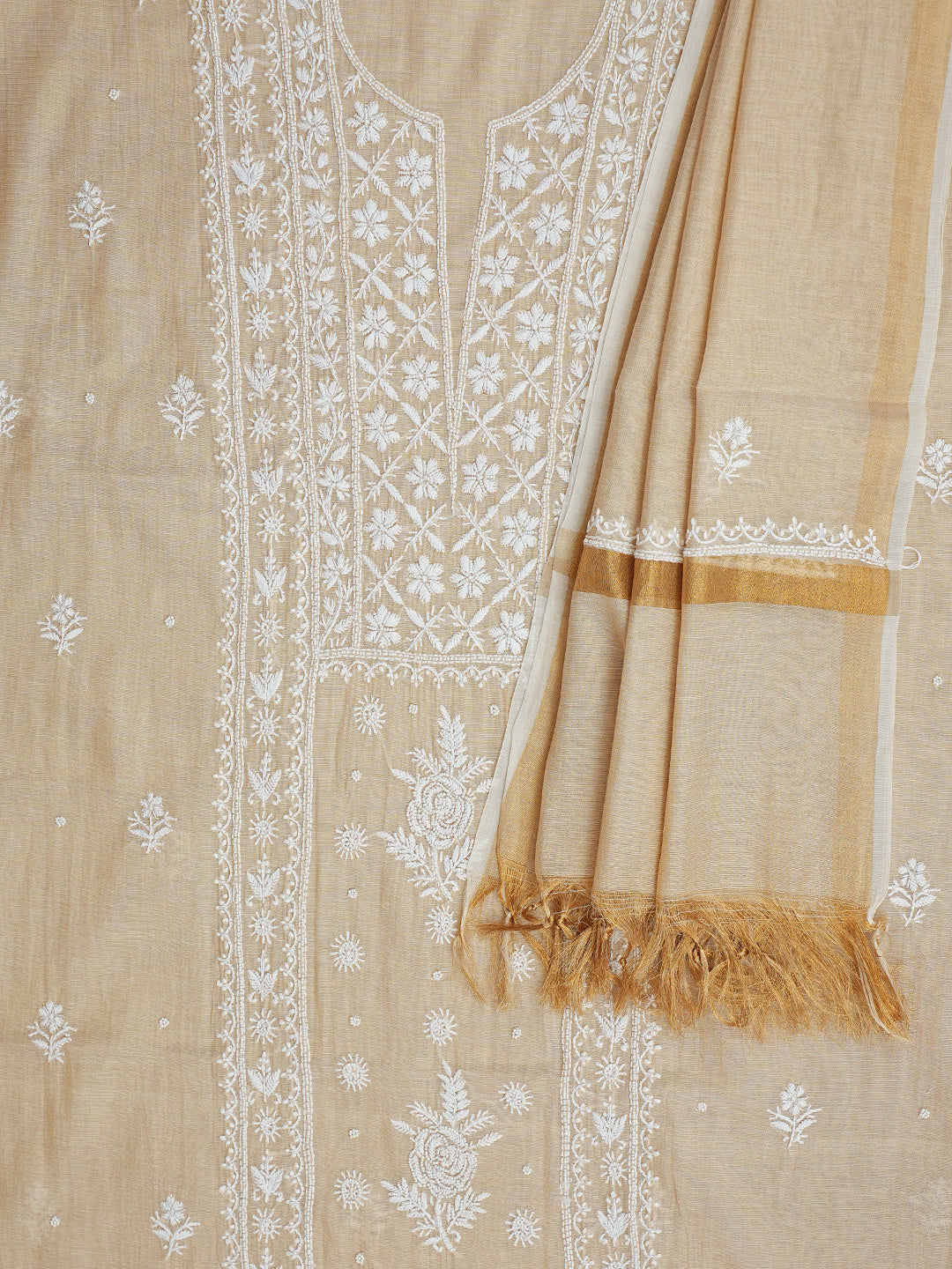 Ada Hand Embroidered Fawn Tissue Lucknowi Chikankari Unstitched Kurta Dupatta Set With Pearl Work 01A987136