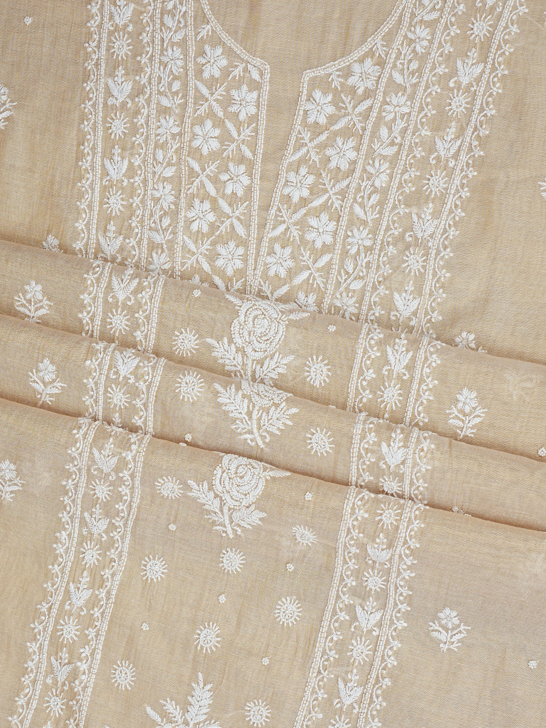 Ada Hand Embroidered Fawn Tissue Lucknowi Chikankari Unstitched Kurta Dupatta Set With Pearl Work 01A987136