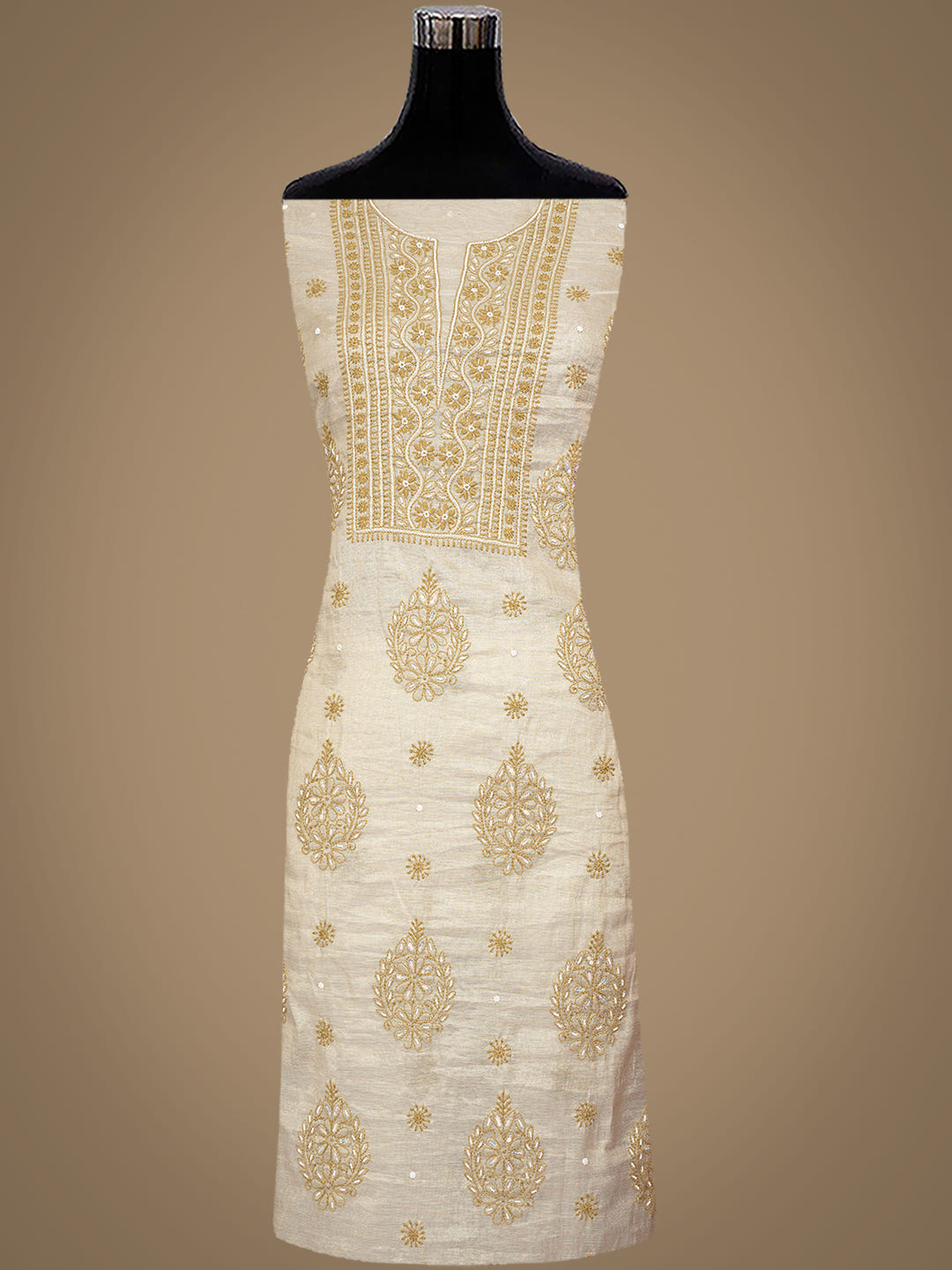 Ada Hand Embroidered Fawn Tissue Lucknowi Chikankari Unstitched Kurta Dupatta Set With Pearl Work 01A988103