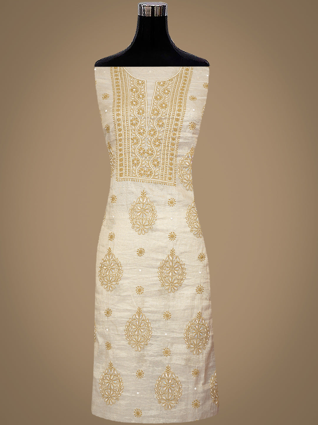 Ada Hand Embroidered Fawn Tissue Lucknowi Chikankari Unstitched Kurta Dupatta Set With Pearl Work 01A988103