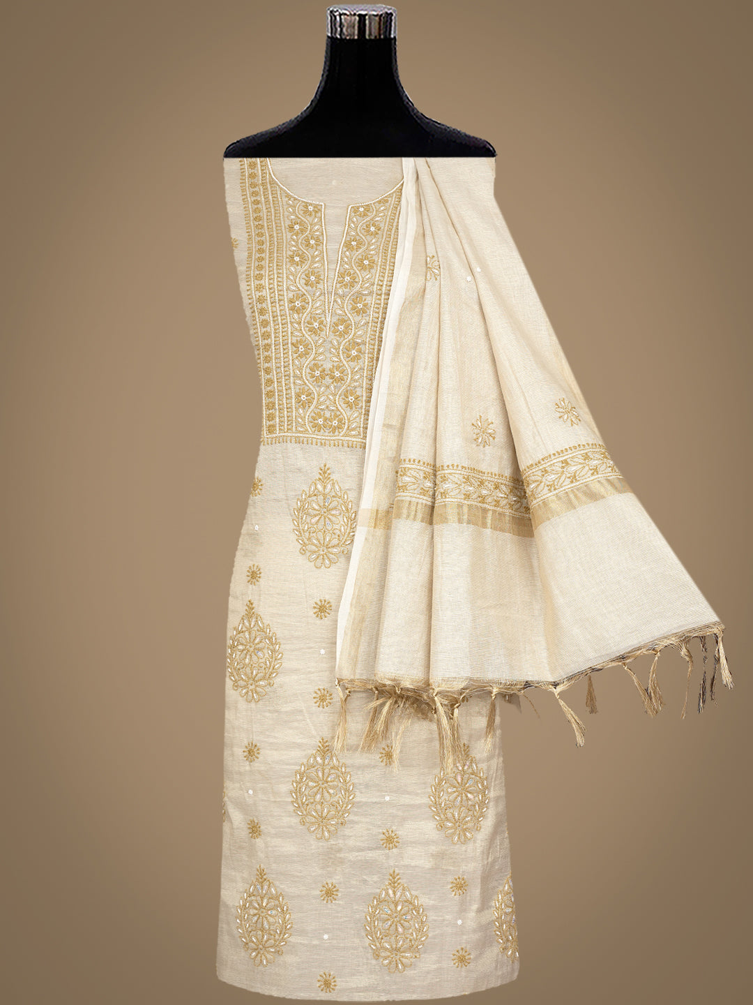 Ada Hand Embroidered Fawn Tissue Lucknowi Chikankari Unstitched Kurta Dupatta Set With Pearl Work 01A988103