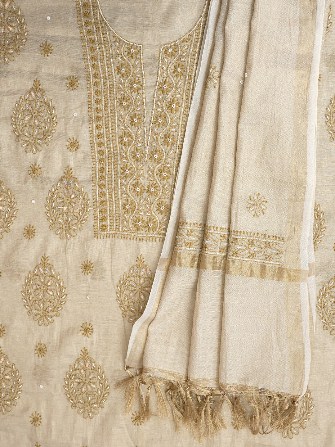 Ada Hand Embroidered Fawn Tissue Lucknowi Chikankari Unstitched Kurta Dupatta Set With Pearl Work 01A988103