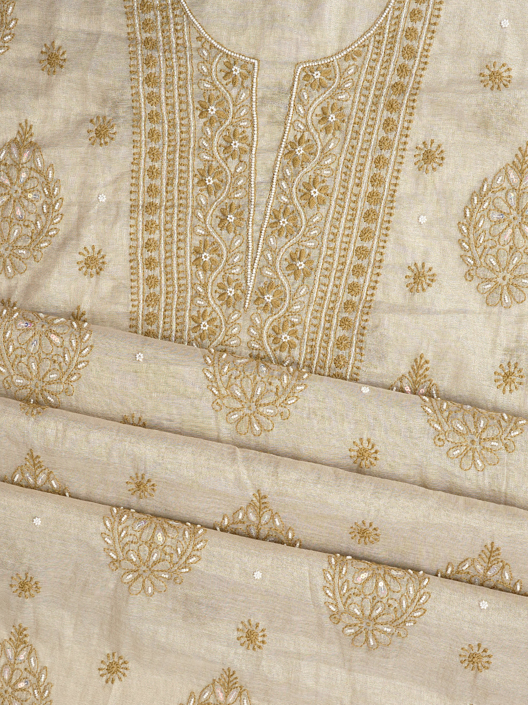 Ada Hand Embroidered Fawn Tissue Lucknowi Chikankari Unstitched Kurta Dupatta Set With Pearl Work 01A988103