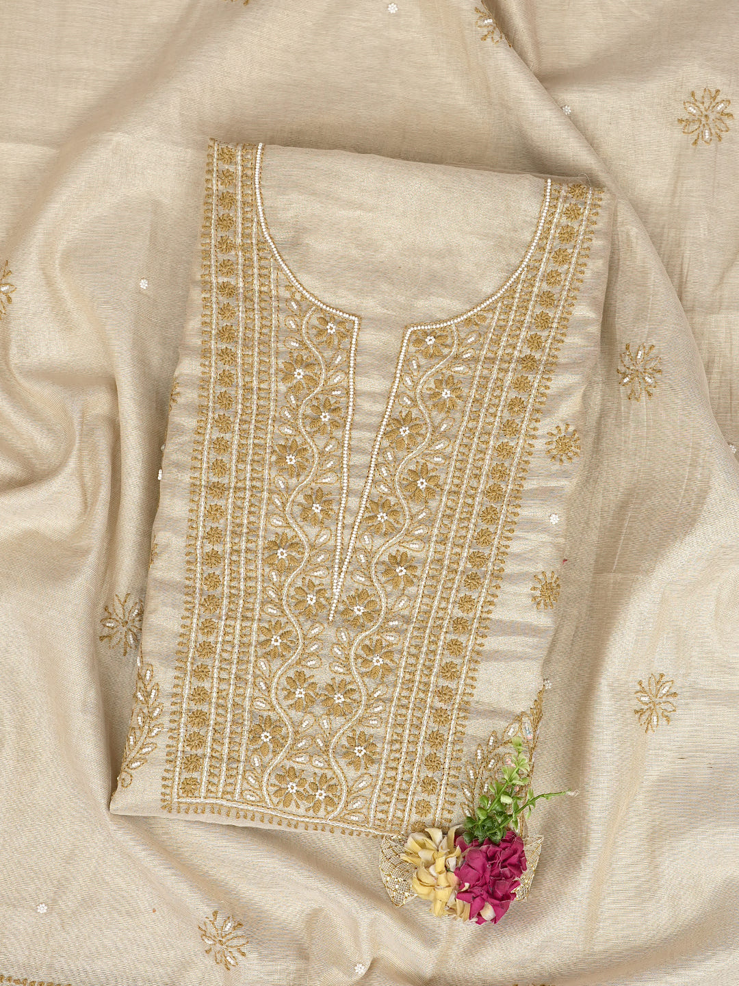 Ada Hand Embroidered Fawn Tissue Lucknowi Chikankari Unstitched Kurta Dupatta Set With Pearl Work 01A988103