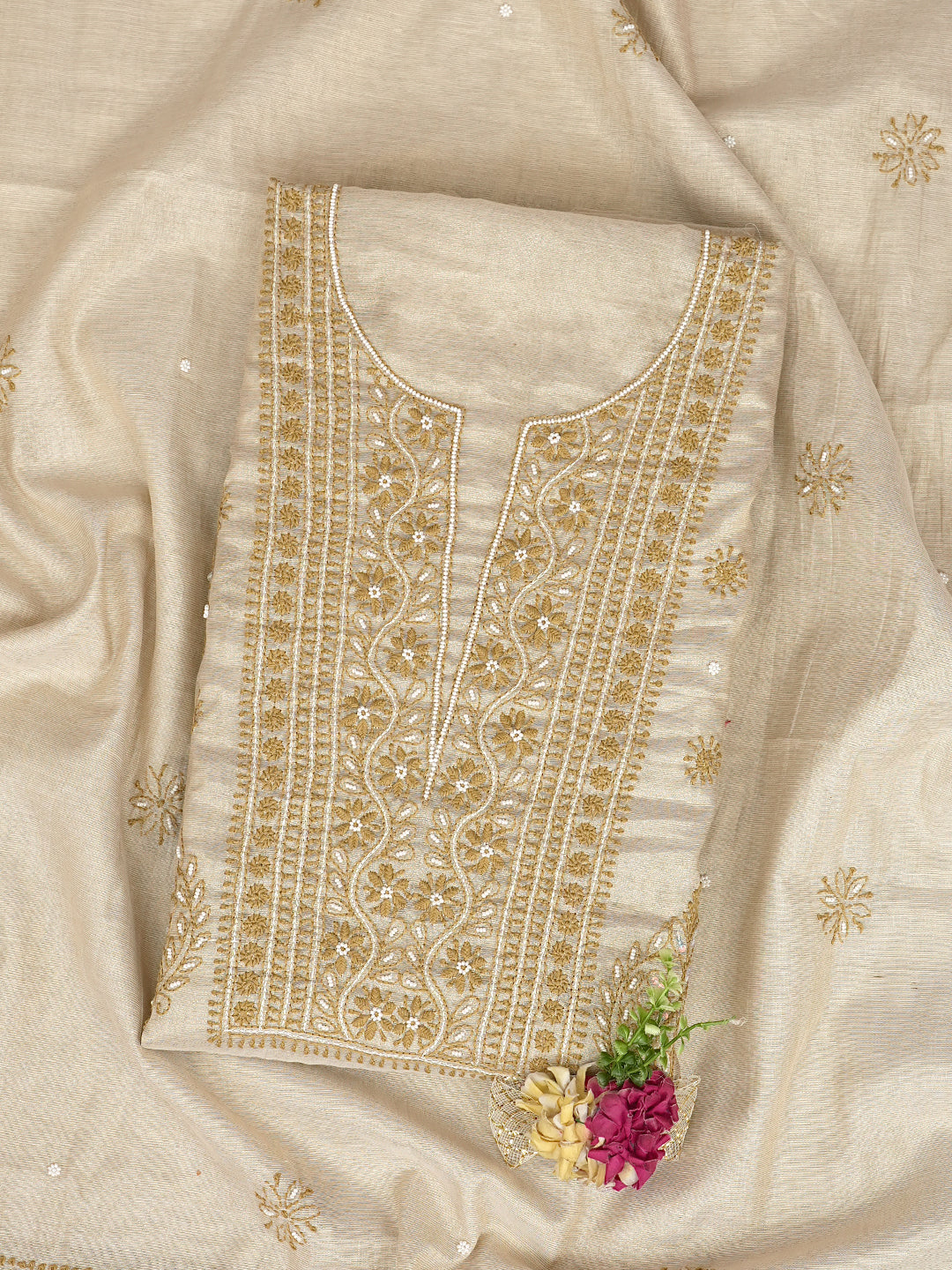Ada Hand Embroidered Fawn Tissue Lucknowi Chikankari Unstitched Kurta Dupatta Set With Pearl Work 01A988103