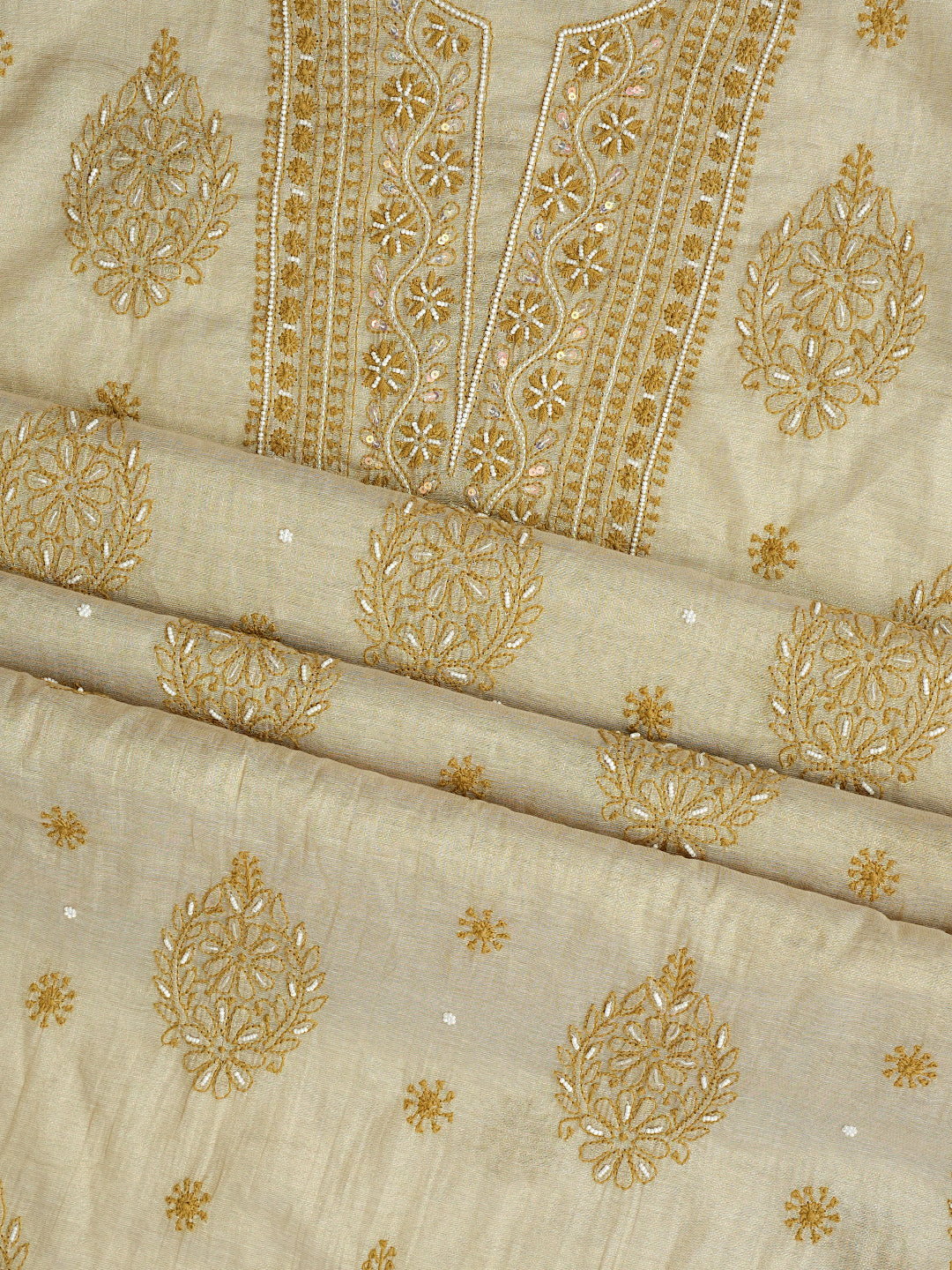 Ada Hand Embroidered Fawn Tissue Lucknowi Chikankari Unstitched Kurta Dupatta Set With Pearl Work 01A988104