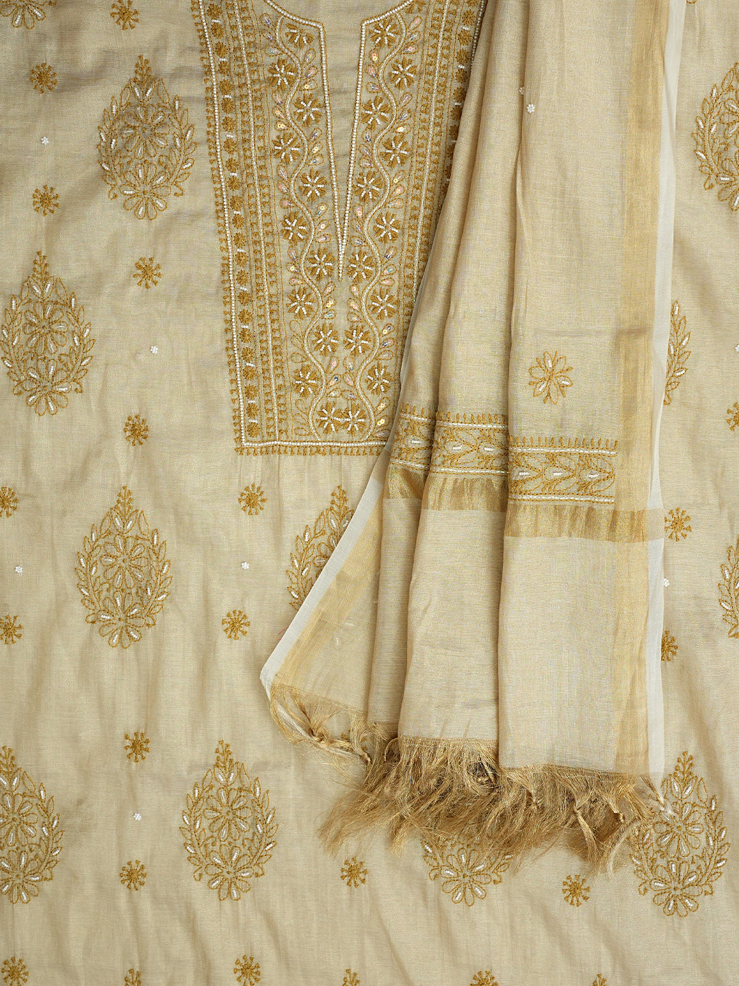 Ada Hand Embroidered Fawn Tissue Lucknowi Chikankari Unstitched Kurta Dupatta Set With Pearl Work 01A988104