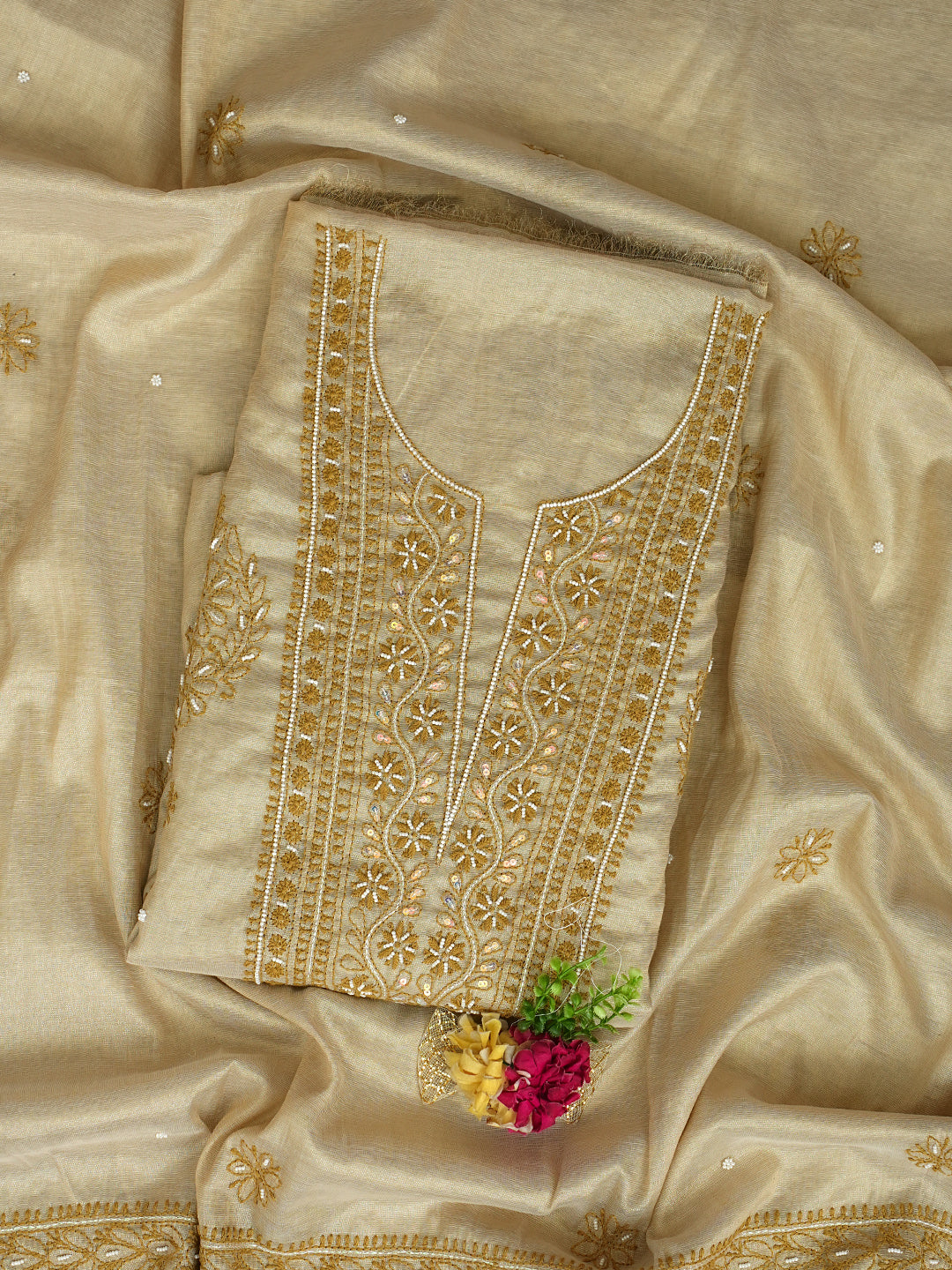Ada Hand Embroidered Fawn Tissue Lucknowi Chikankari Unstitched Kurta Dupatta Set With Pearl Work 01A988104