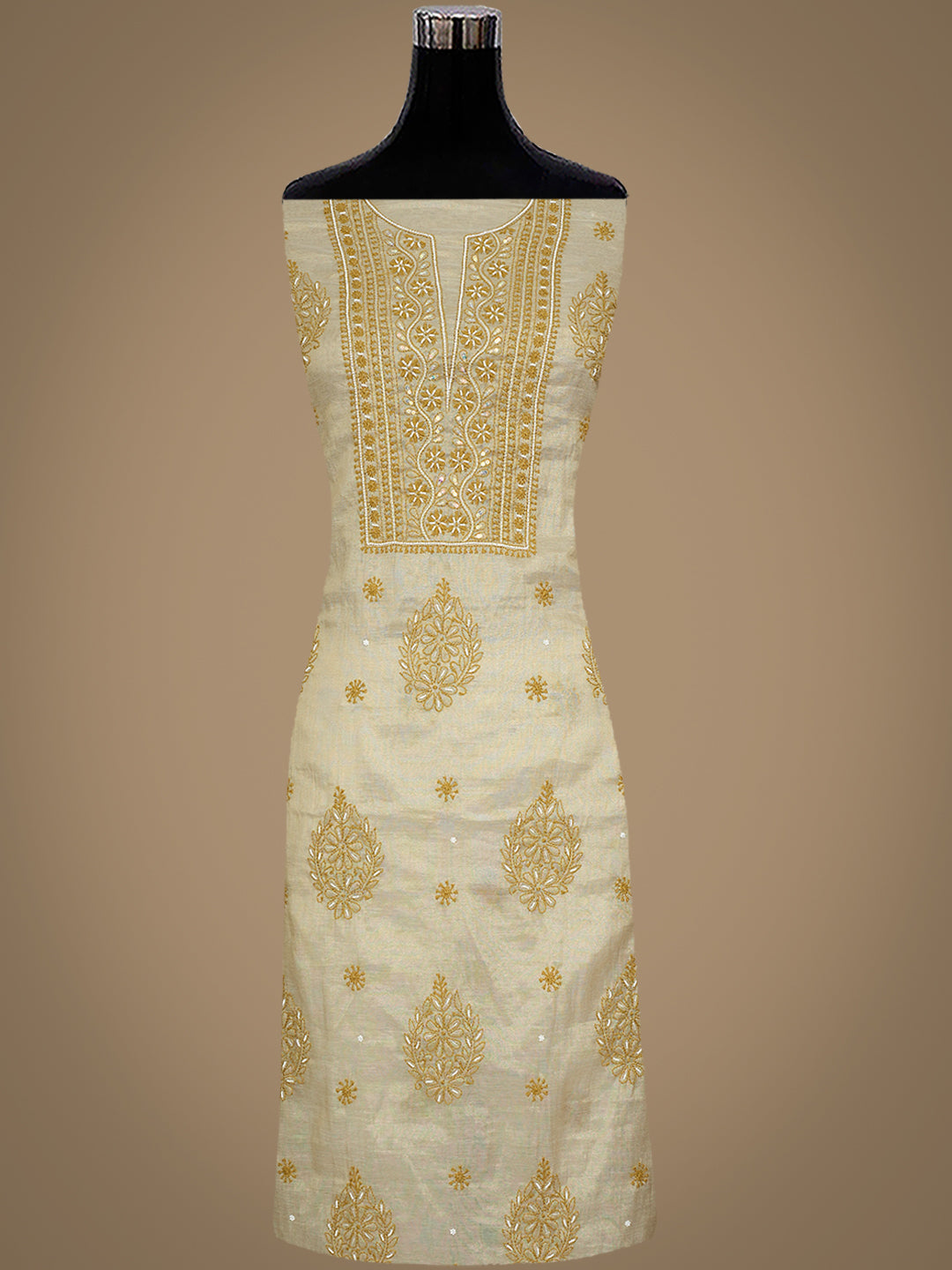 Ada Hand Embroidered Fawn Tissue Lucknowi Chikankari Unstitched Kurta Dupatta Set With Pearl Work 01A988104