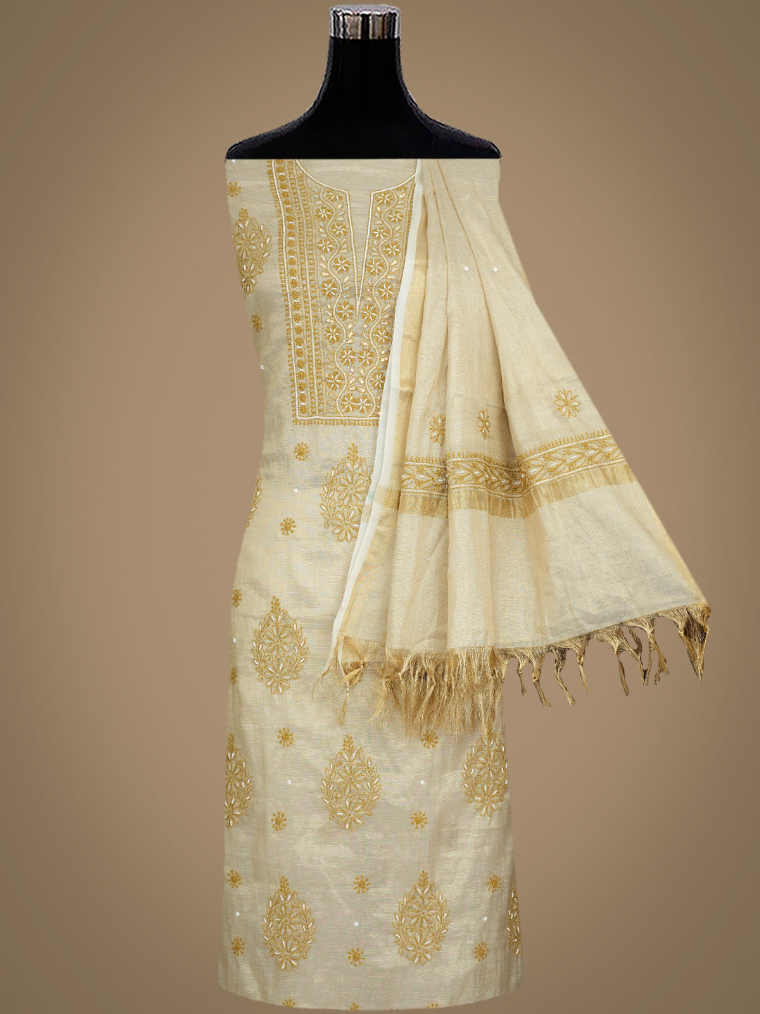 Ada Hand Embroidered Fawn Tissue Lucknowi Chikankari Unstitched Kurta Dupatta Set With Pearl Work 01A988104