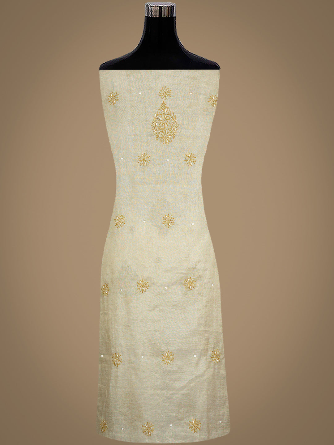 Ada Hand Embroidered Fawn Tissue Lucknowi Chikankari Unstitched Kurta Dupatta Set With Pearl Work 01A988104