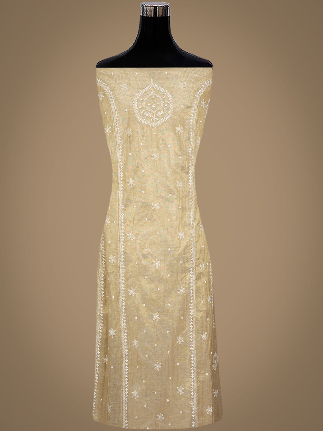 Ada Hand Embroidered Fawn Tissue Lucknowi Chikankari Unstitched Kurta Dupatta Set With Pearl Work 01A996345