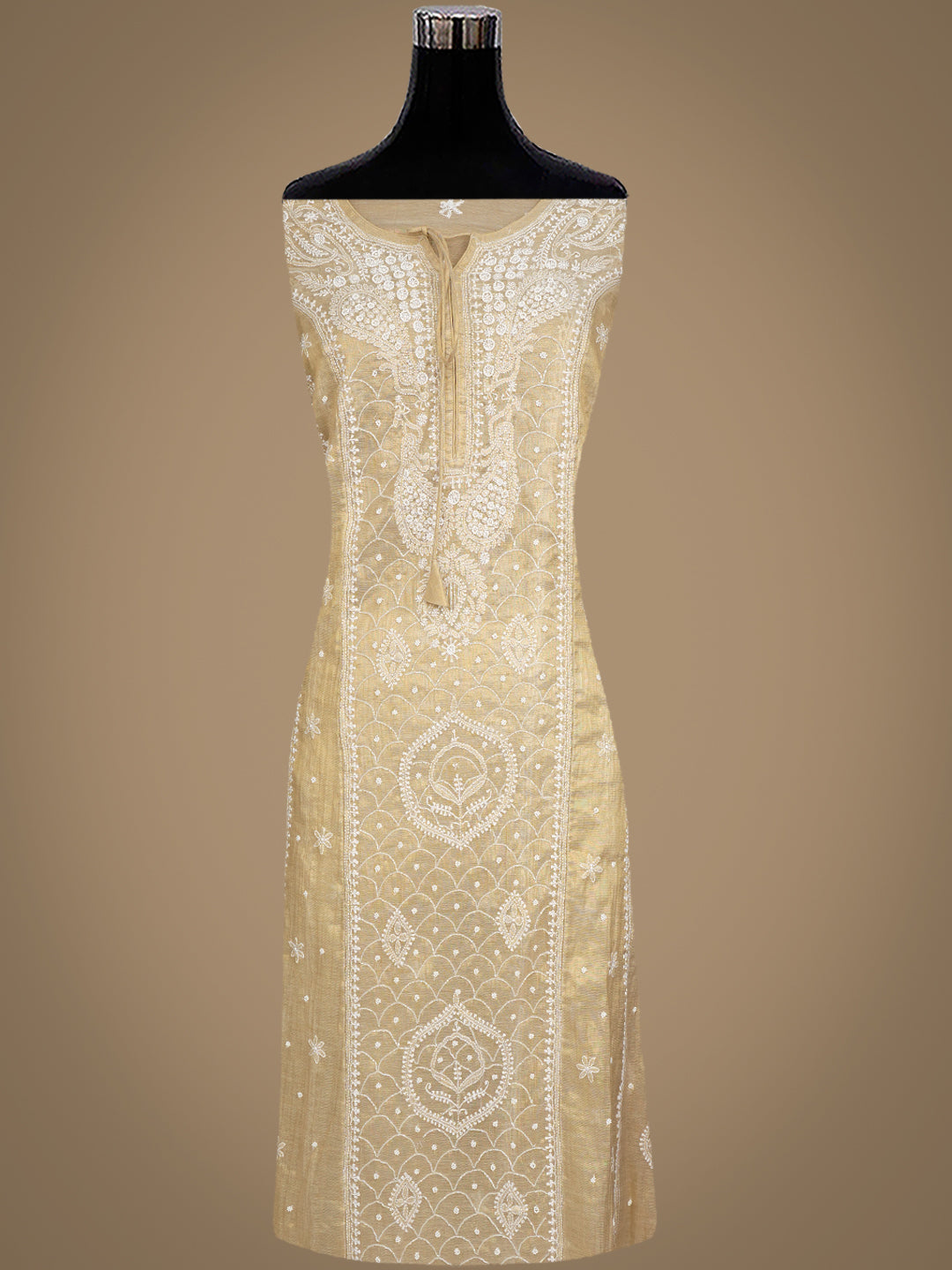 Ada Hand Embroidered Fawn Tissue Lucknowi Chikankari Unstitched Kurta Dupatta Set With Pearl Work 01A996345
